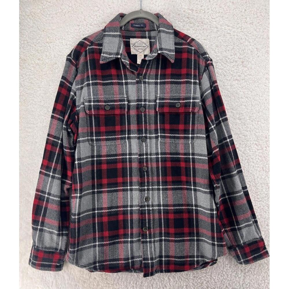 St John’s Bay Shirt Men’s Medium Plaid Button Up Shacket Cotton Camping Outdoors